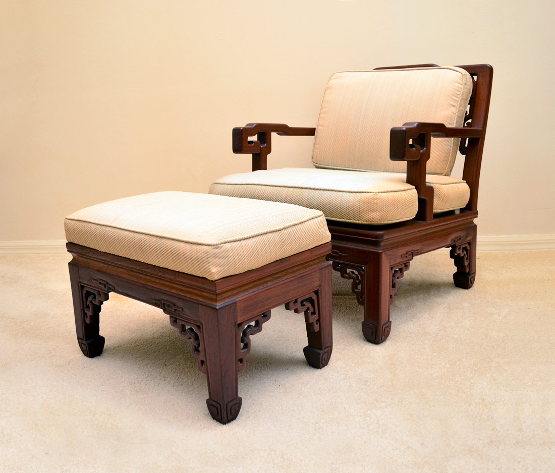 Appraisal: KOREAN ARM CHAIR WITH OTTOMAN Carved and shaped frame with