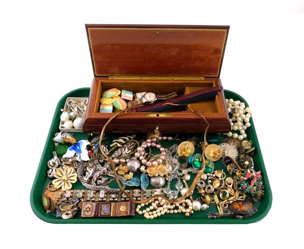 Appraisal: COSTUME JEWELRY pieces along with inlaid wood jewelry box jewelry