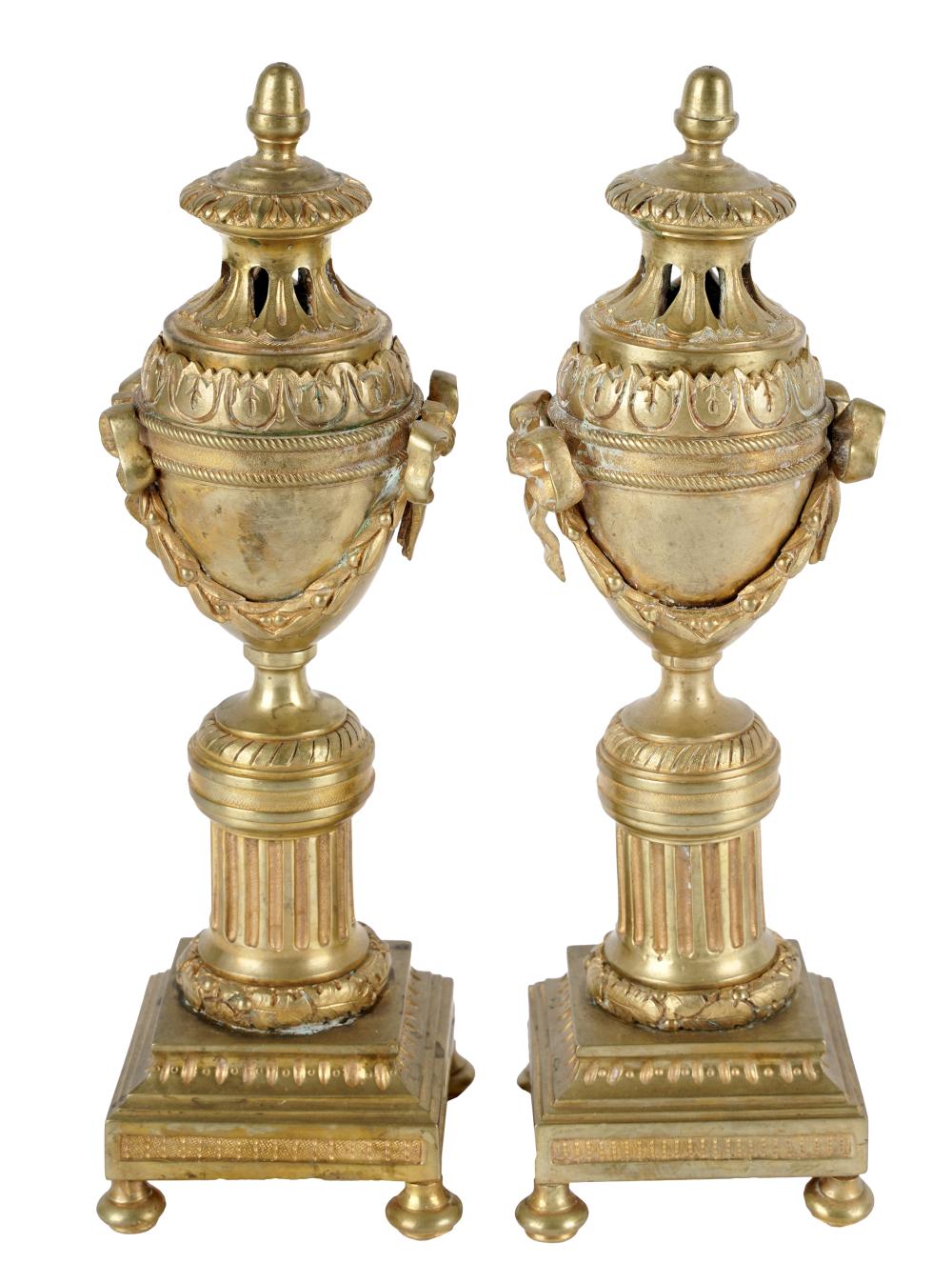 Appraisal: PAIR OF NEOCLASSICAL-STYLE GILT METAL GARNITURESeach with removable top converting