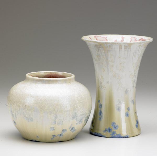 Appraisal: WALTER STEPHEN Two vases covered in ivory caramel and blue