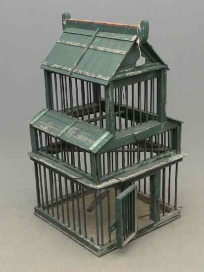 Appraisal: th c wooden birdcage in old green paint '' Overall