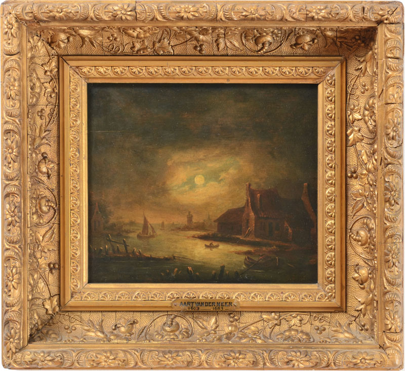 Appraisal: DUTCH SCHOOL MOONLIT PORT SCENE Oil on panel unsigned x