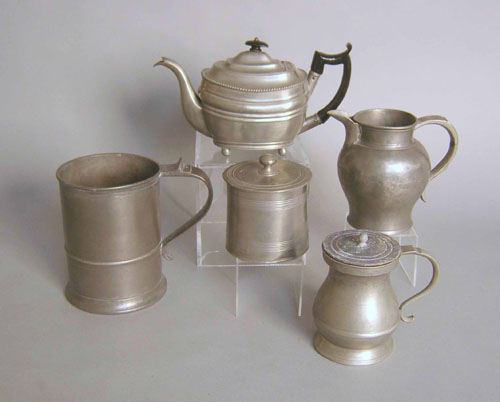 Appraisal: Group of English pewter to include tankard tobacco box teapot