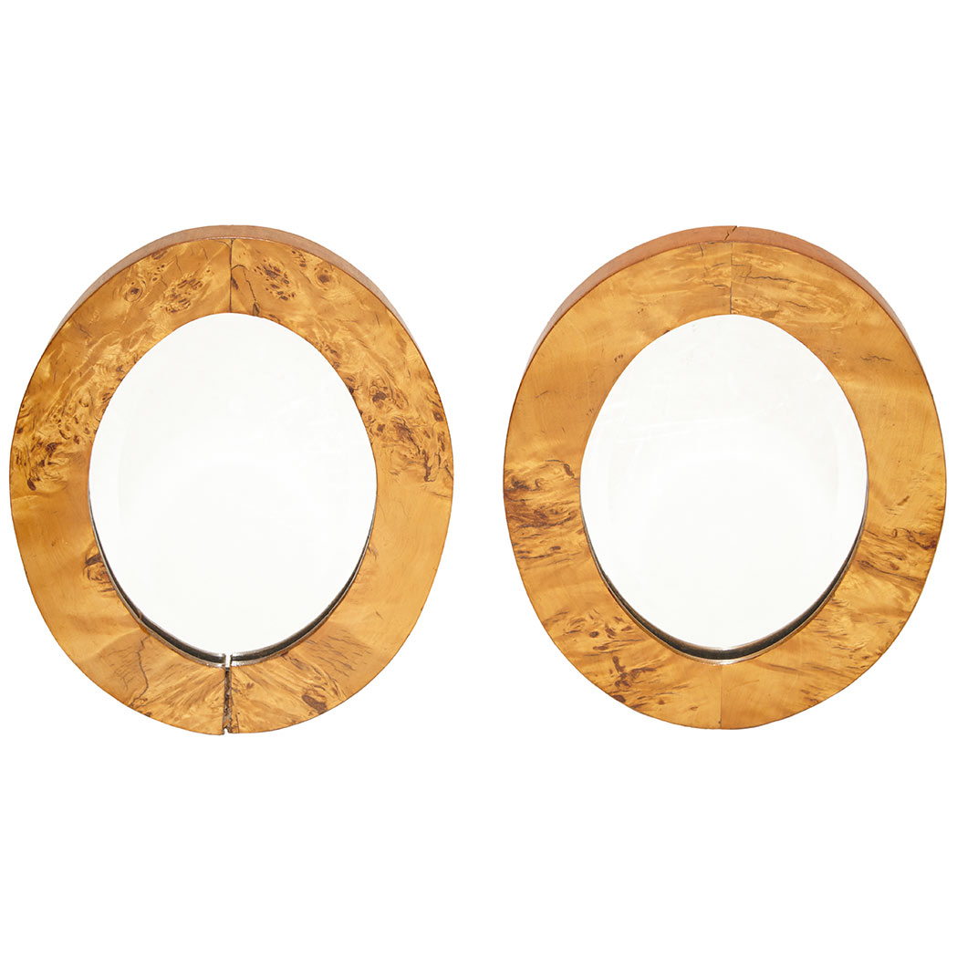 Appraisal: Pair of Continental Birch Mirrors Each beveled oval mirror plate