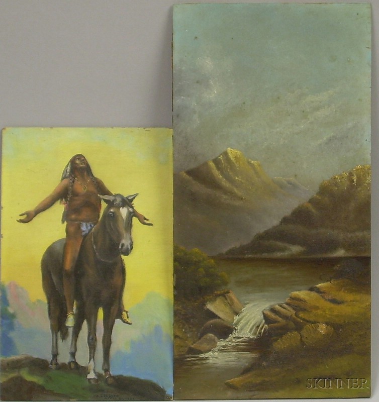 Appraisal: Two Unframed Oil Paintings American Indian on horseback on board