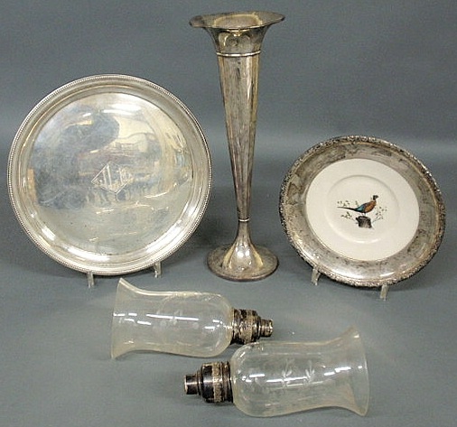 Appraisal: Group of sterling silver- trumpet vase as found h plate