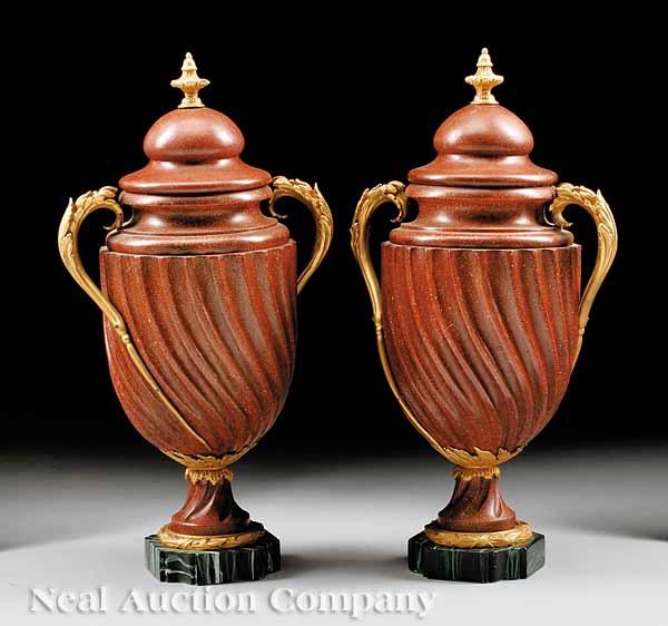 Appraisal: A Pair of Neoclassical-Style Paint-Decorated Urns gilt bronze mounts on