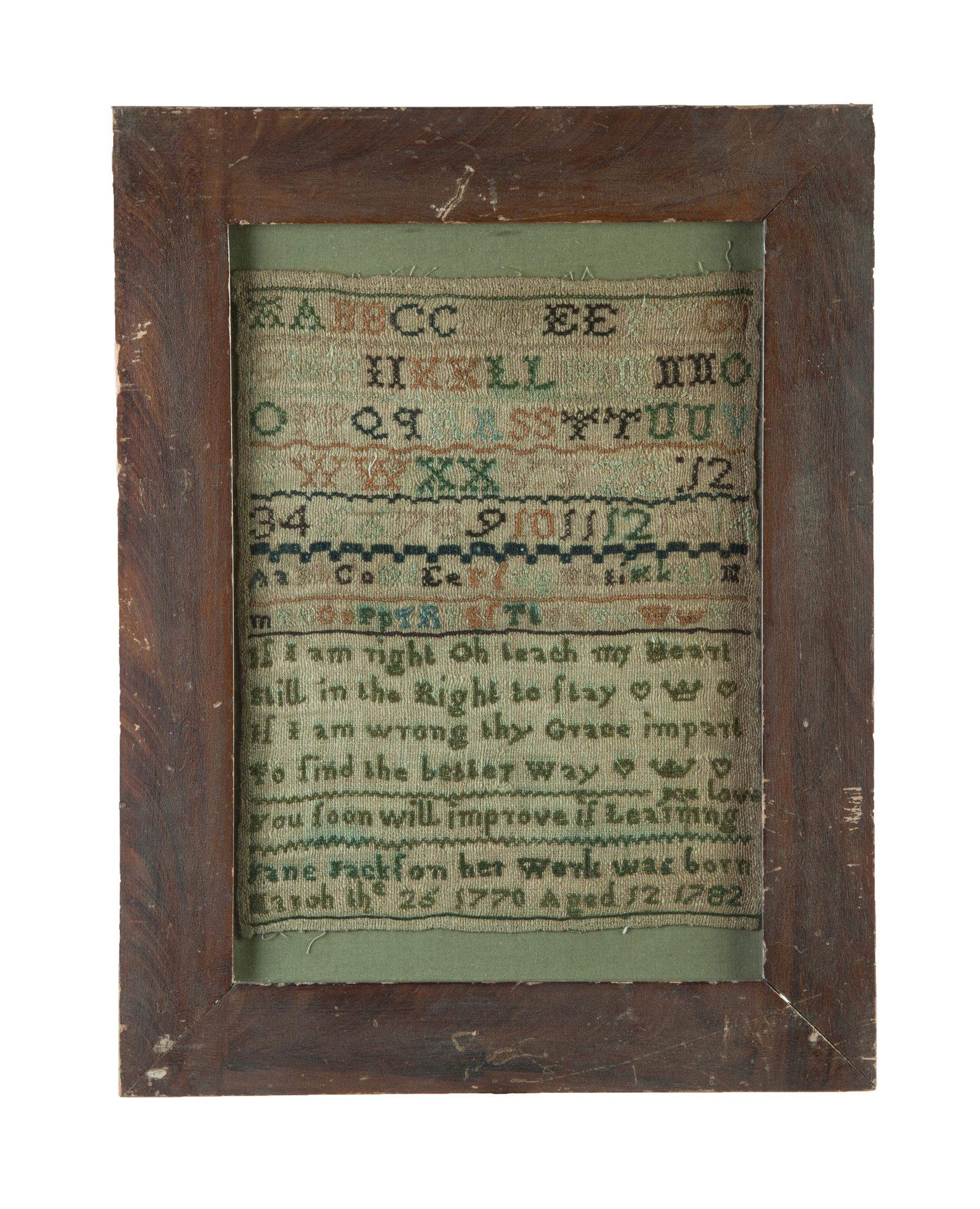 Appraisal: SAMPLER Silk on linen Alphabets and verse Jane Jackson her