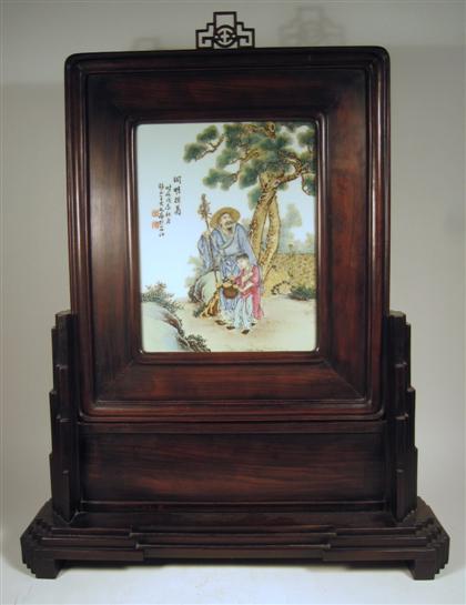 Appraisal: Chinese porcelain insert and hardwood table screenrepublic period