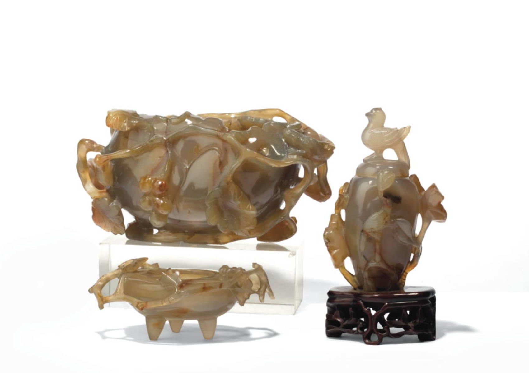 Appraisal: THREE CARVED JADE TABLE OBJECTS INCLUDING AN OVAL BOWL A