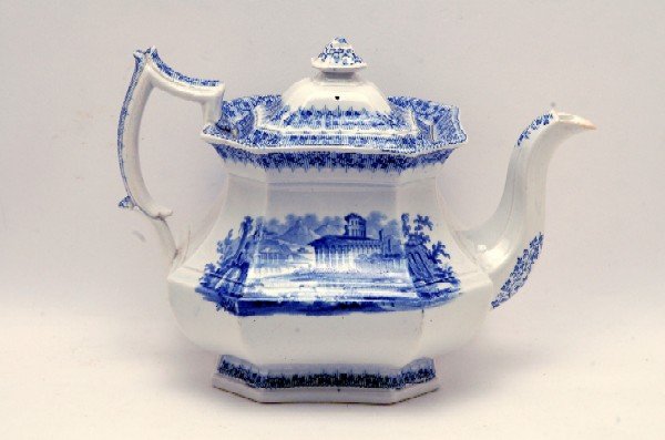 Appraisal: Blue transferware teapot th century eight sided shape with transfer