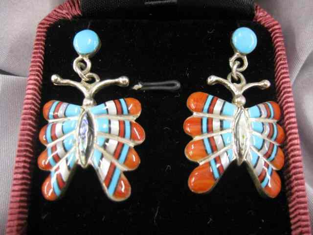 Appraisal: Indian Turquoise Coral Earrings dangling butterfly abalone center sterling