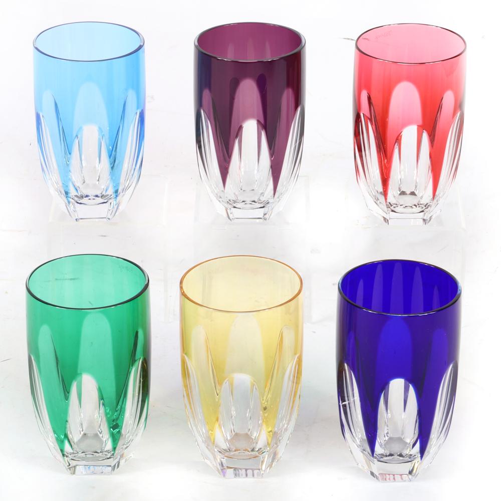 Appraisal: SIX MULTICOLORED FABERGE LUSANNE CUT-TO-CLEAR CRYSTAL HIGHBALL GLASSES IN ORIGINAL