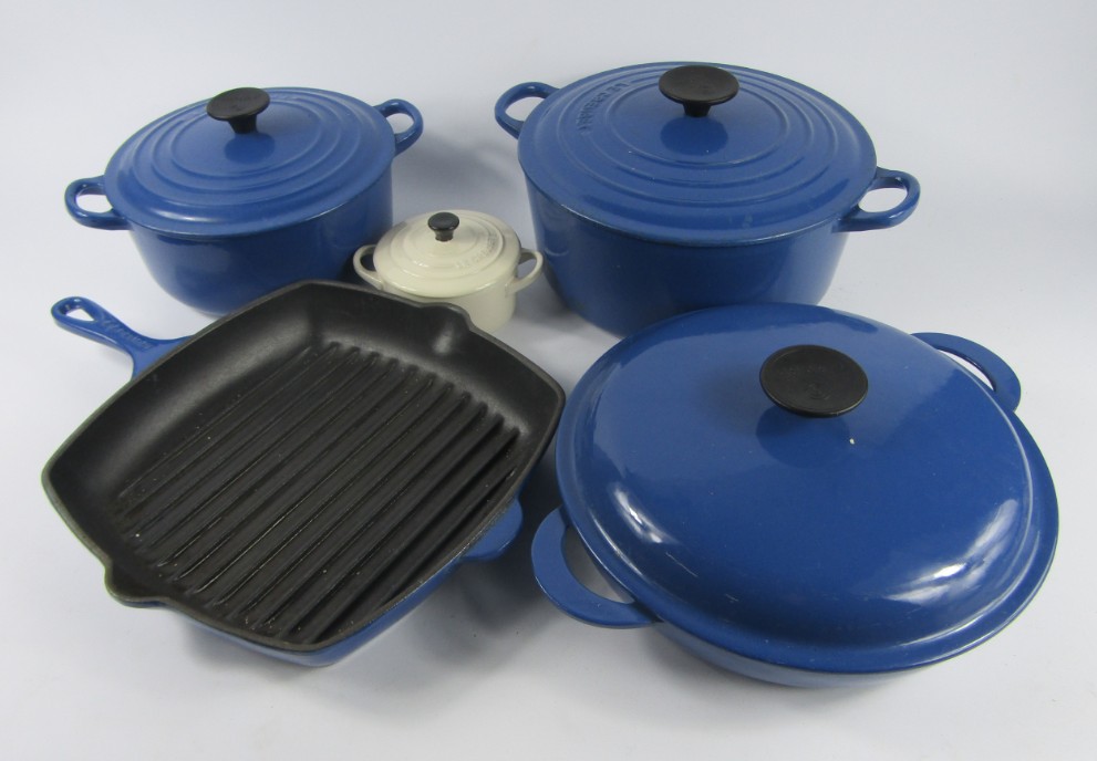 Appraisal: A Le Creuset blue enamel grill pan frying pan and