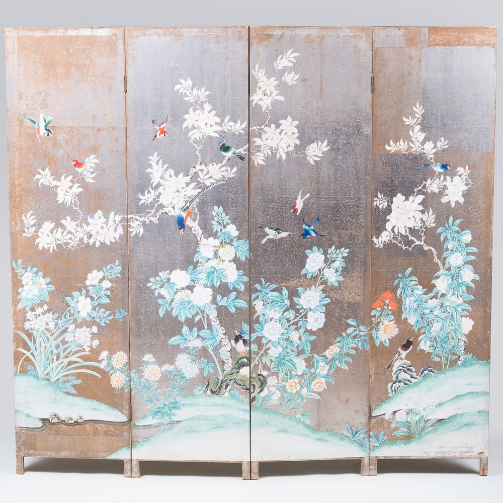 Appraisal: Chinese Style Silvered Wallpaper Mounted as a Four Panel Screen