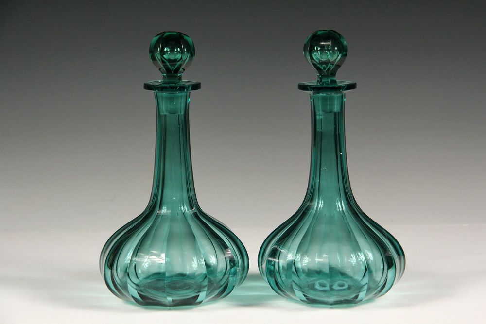 Appraisal: RARE PAIR OF TH C SHIP'S DECANTERS - Handblown Emerald