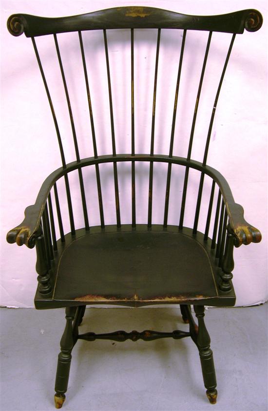 Appraisal: Windsor reproduction fanback armchair with bottle green finish fabricated wear