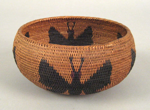 Appraisal: California basketry bowl with polychrome butterfly decoration h dia