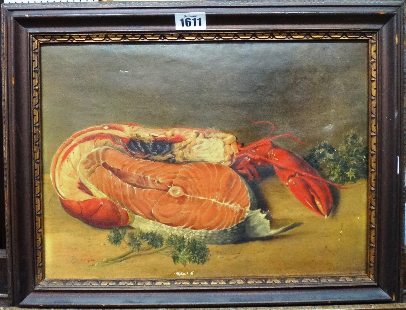 Appraisal: David Hill - Still life of lobster and salmon fillet