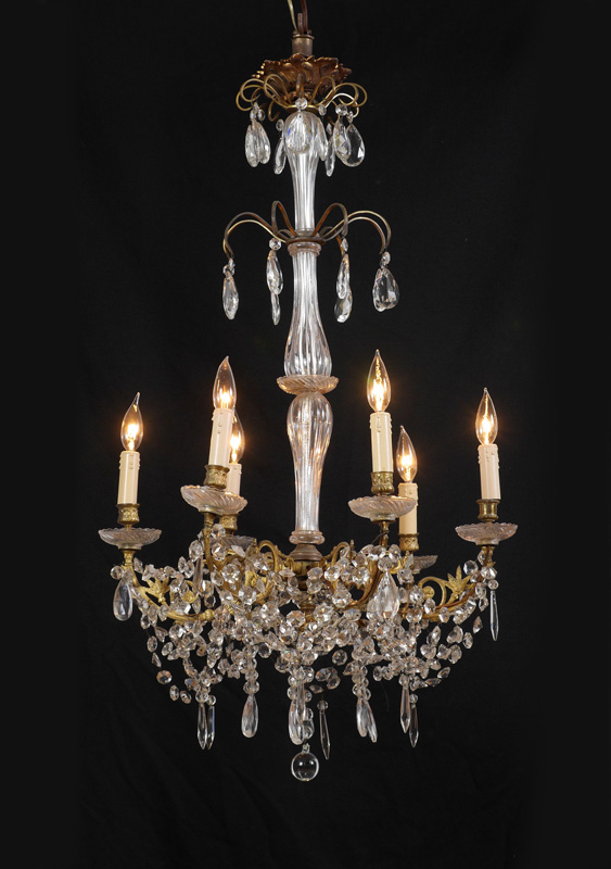 Appraisal: LIGHT CRYSTAL AND BRASS CHANDELIER tiers of crystal crops over