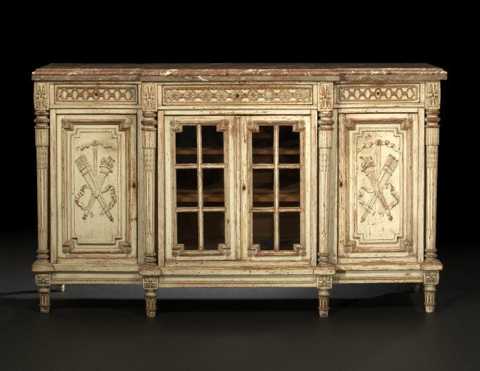 Appraisal: Louis XVI-Style Cream-Painted and Distressed Wooden and Marble-Top Cabinet late