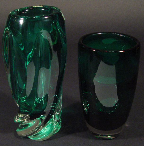 Appraisal: Whitefriars tapering green optic glass vase together with a fluted