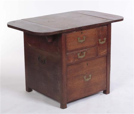 Appraisal: A th century teak Campaign metamorphic chest drop flap table