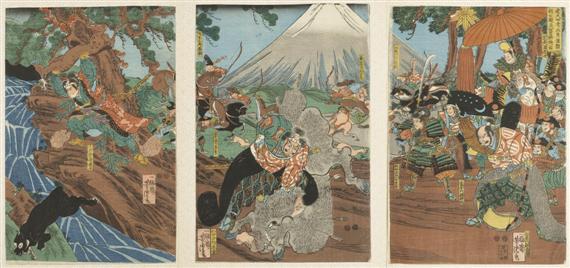 Appraisal: UTAGAWA YOSHITORA activ ca - Triptych ban tate-e Signed Ichim