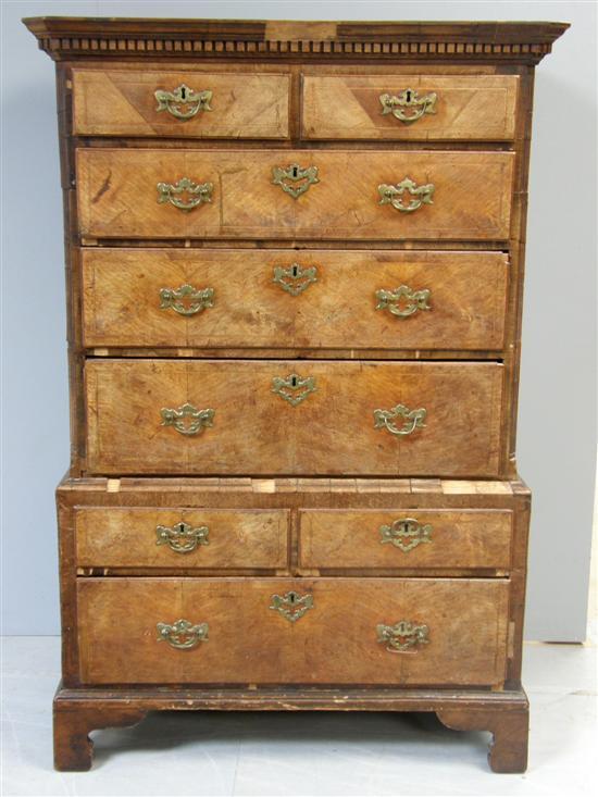 Appraisal: th century walnut chest on chest with dentil cornice two