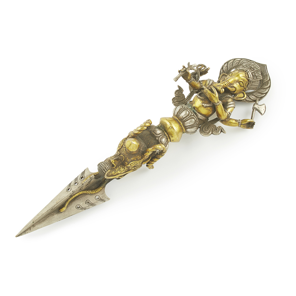 Appraisal: PARCEL GILT BRONZE 'GANESH' PHURBA the faceted-triangular blade topped by