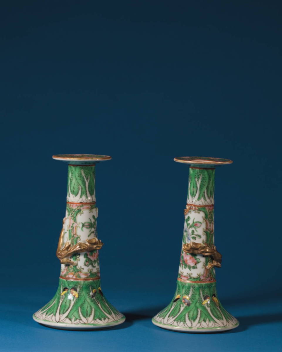 Appraisal: PAIR OF CHINESE EXPORT PORCELAIN CABBAGE ROSE CANDLESTICKS Height inches