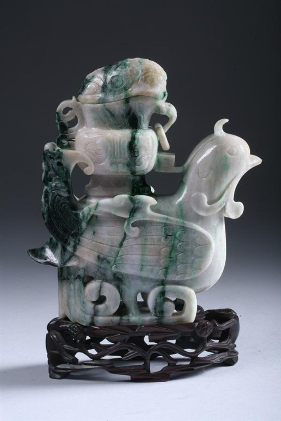 Appraisal: CHINESE JADEITE BIRD ARCHAIC BRONZE-FORM BIRD VESSEL - in high