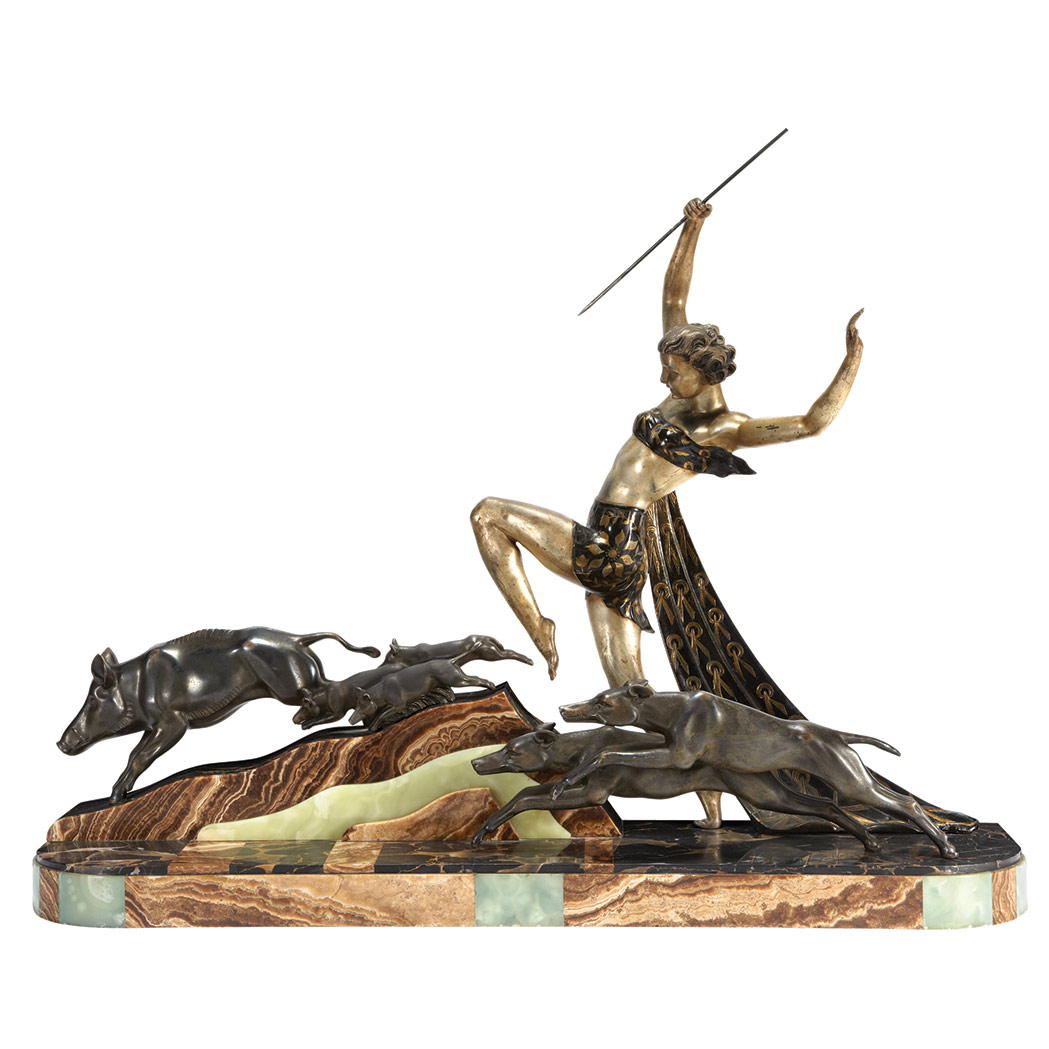 Appraisal: French Art Deco Patinated-Spelter Onyx and Portor Marble Figural Group