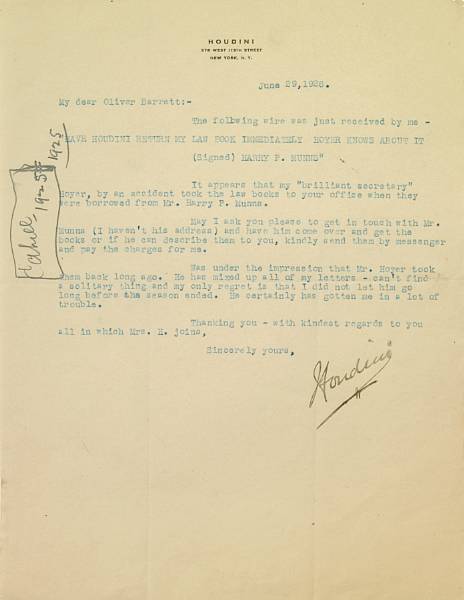 Appraisal: Americana Typed Letter Signed Houdini p to New York June