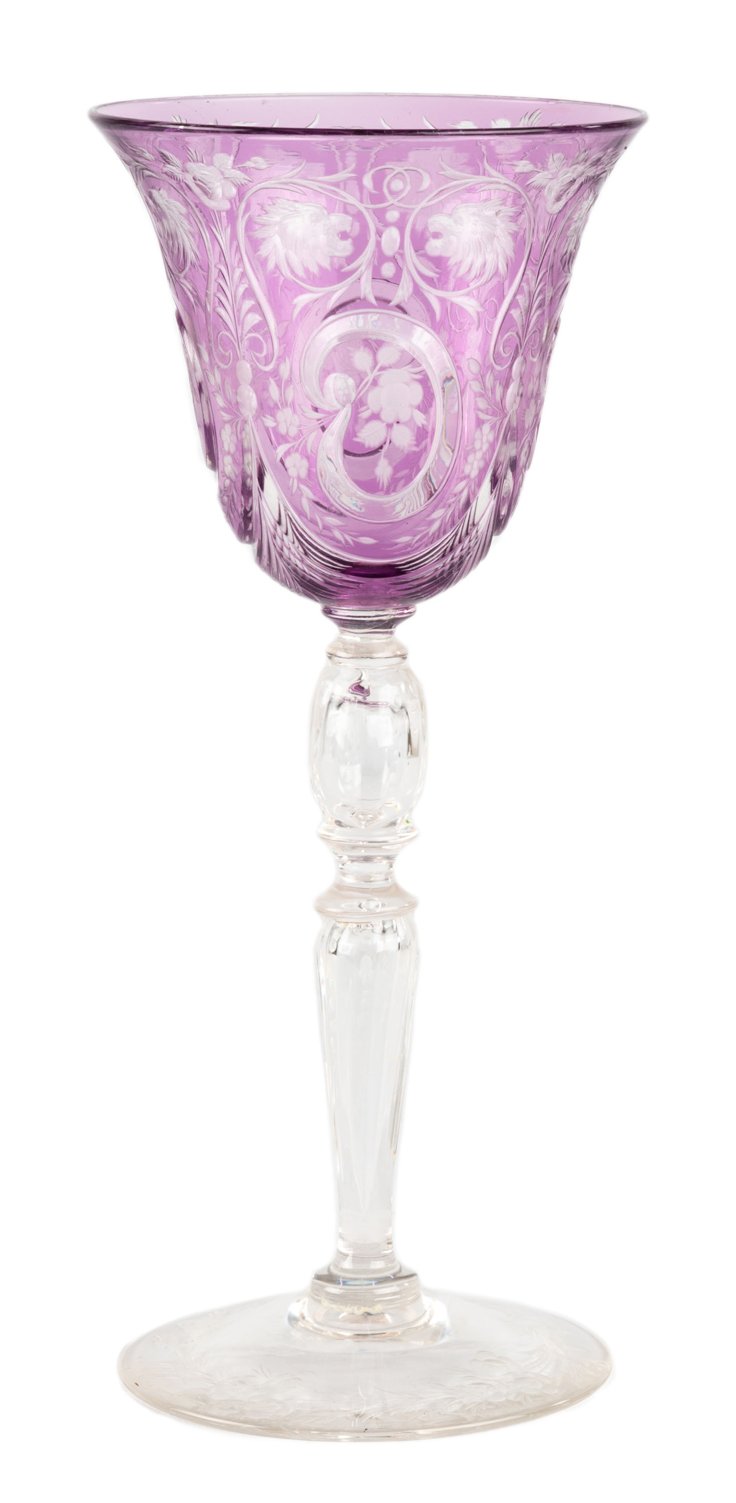 Appraisal: STEUBEN AMETHYST ENGRAVED GOBLET With lion heads Signed 'Steuben'