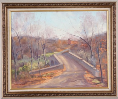 Appraisal: Bridge Over Jordan Creek oil on masonite x SLL Karl