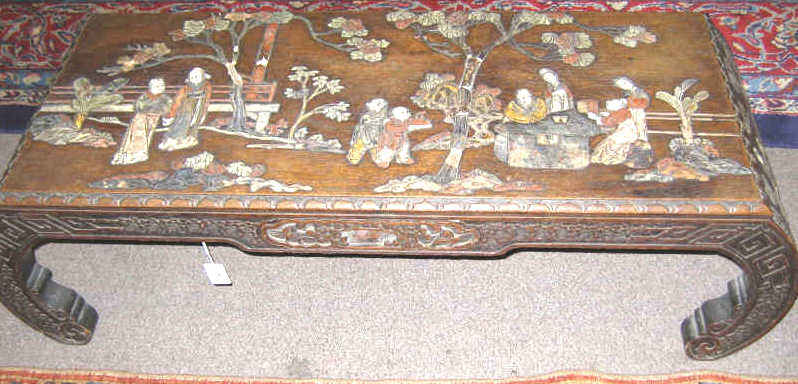 Appraisal: ASIAN HARDWOOD AND INLAID OPIUM TABLE Rectangular top showing figures