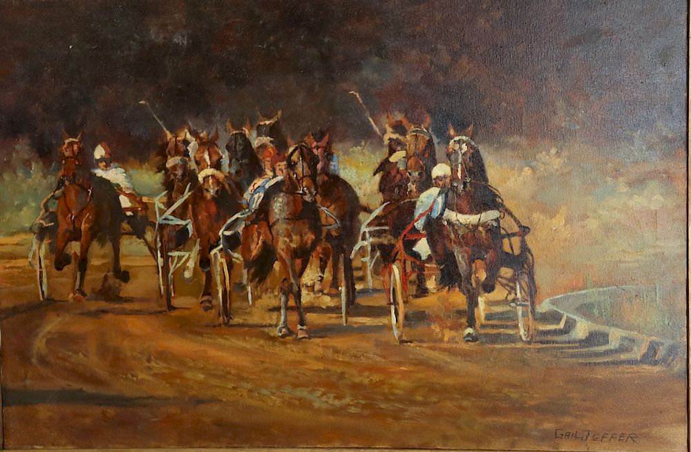 Appraisal: Gail Jeffer Signed Oil On Canvas Trotters From a Westchester