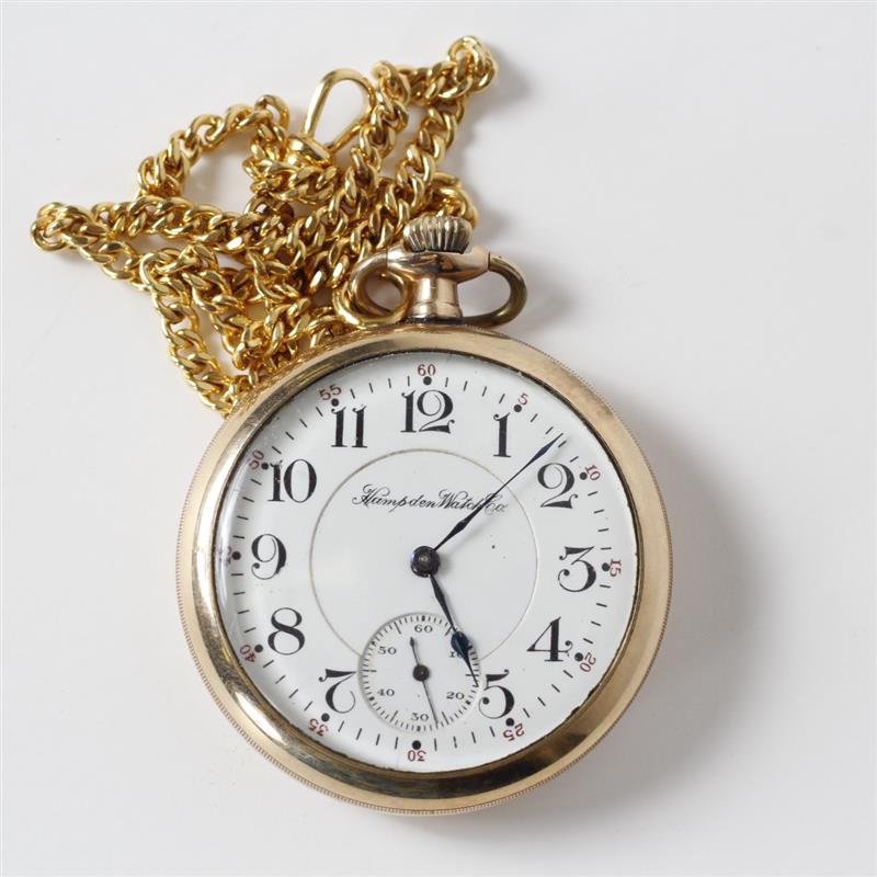 Appraisal: Hampden Railway Pocket Watch with Montauk casing jewels Chain is