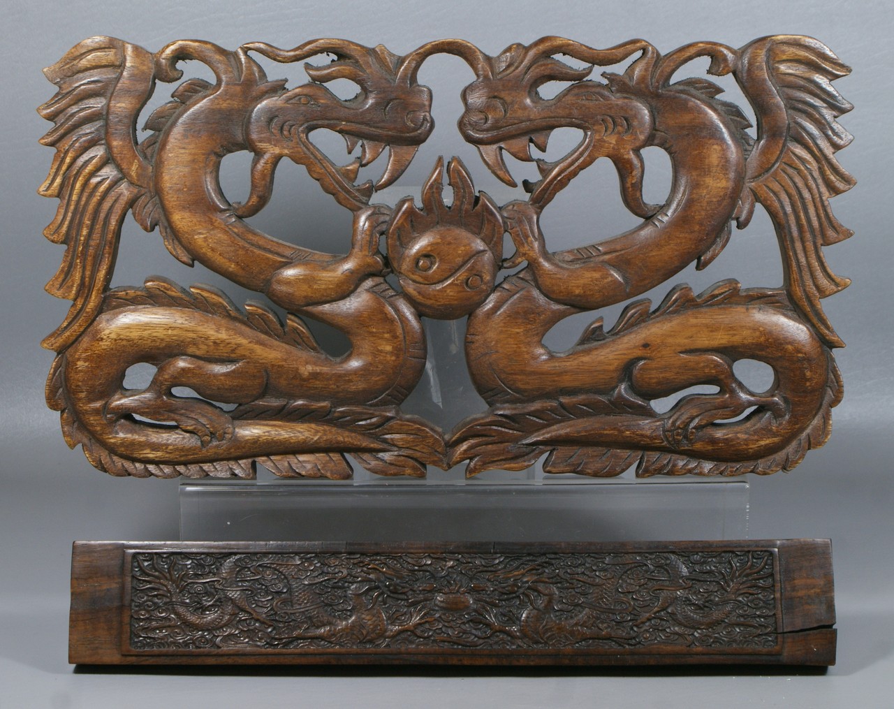 Appraisal: Dragon carved rosewood block l w with another dragon carved