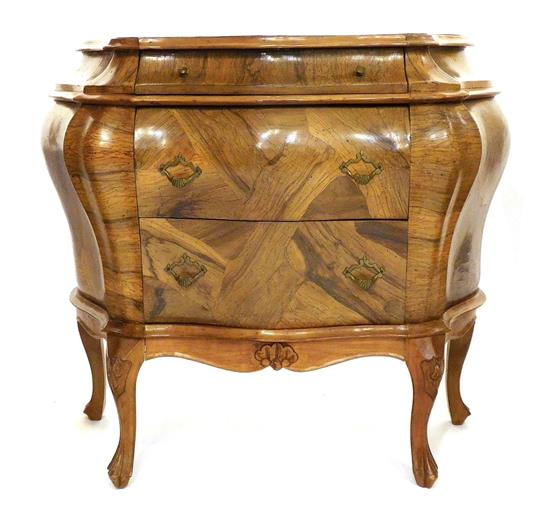 Appraisal: French style bombe stand burl veneer shaped demi-lune top three