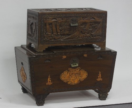 Appraisal: An early th Century Chinese carved camphor wood chest cm