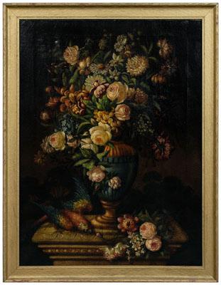 Appraisal: Flemish School still life vase of flowers parrot at base