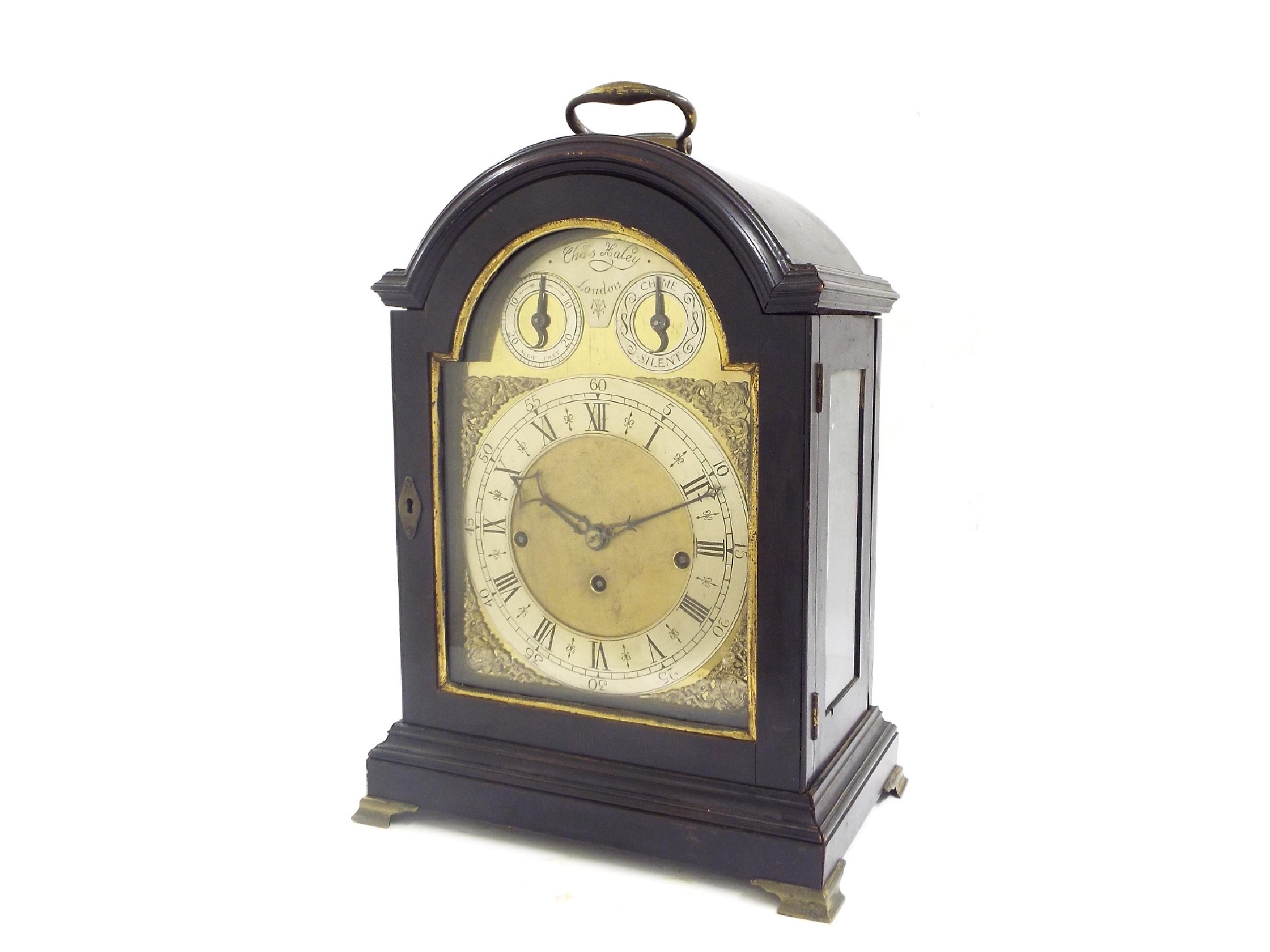 Appraisal: Good English ebonised triple fusee musical bracket clock the six