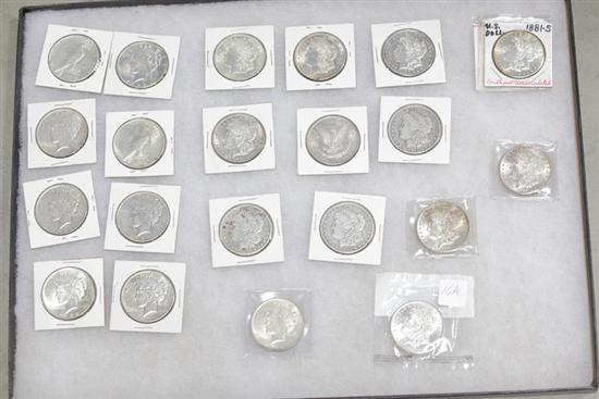 Appraisal: TWENTY-ONE SILVER DOLLARS Twelve Morgan and nine Peace dollars with