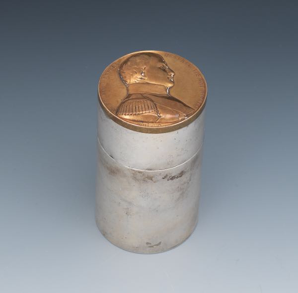 Appraisal: STERLING CONTAINER WITH MEDALLION LID x Cylindrical sterling container with