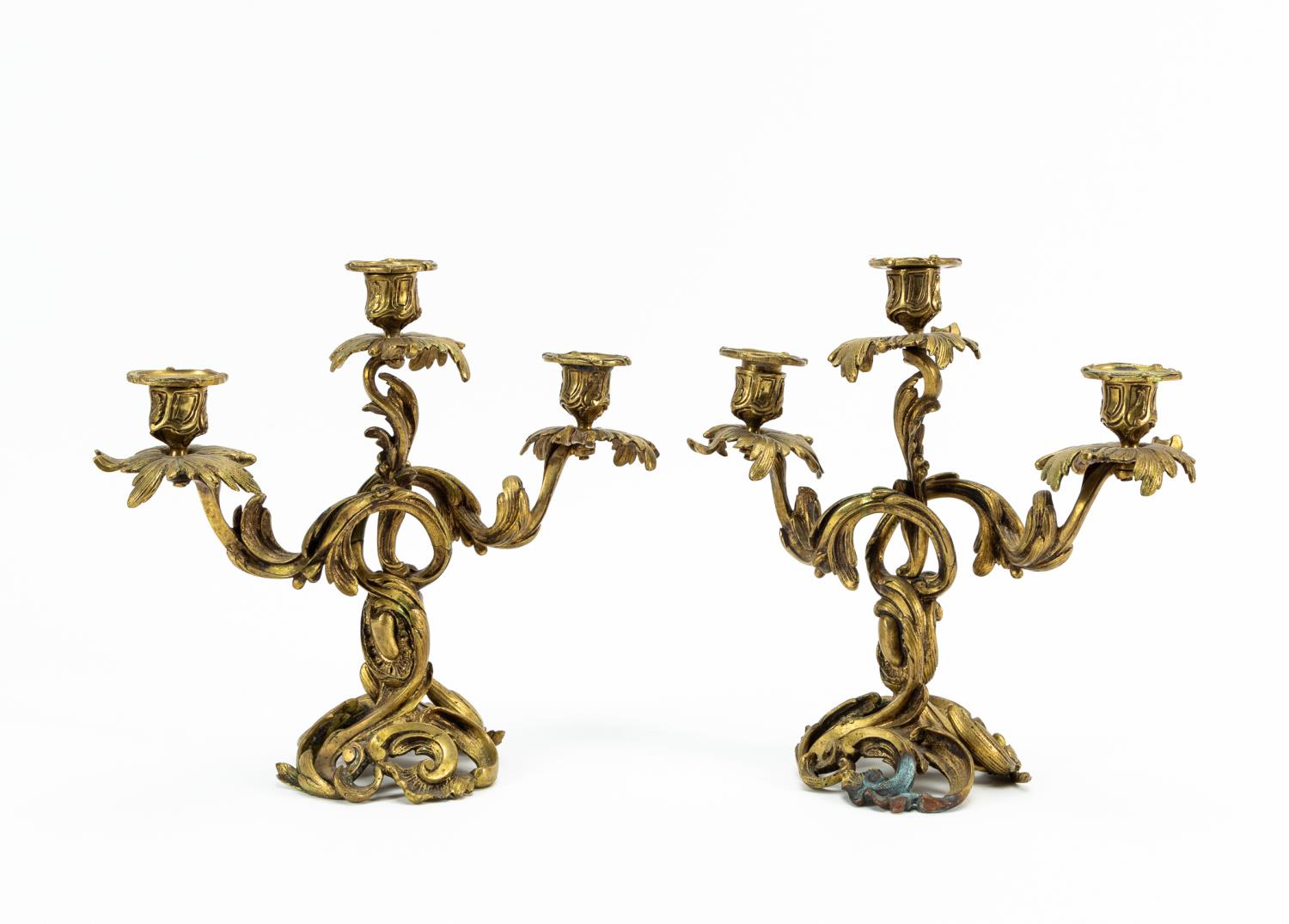 Appraisal: PAIR LOUIS XV STYLE THREE LIGHT BRONZE CANDELABRA French second