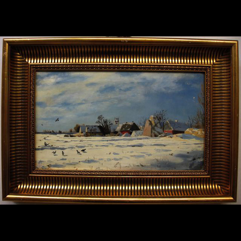 Appraisal: WINTER FARM WITH BIRDS INITIALED U W DANISH OIL ON