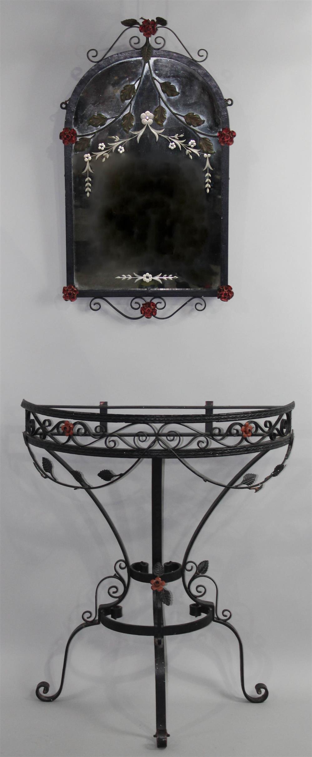 Appraisal: WHIMSICAL BLACK WROUGHT IRON DEMILUNE CONSOLE TABLE WITH MATCHING MIRROR