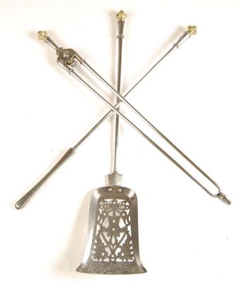 Appraisal: A set of three polished steel fire irons with brass